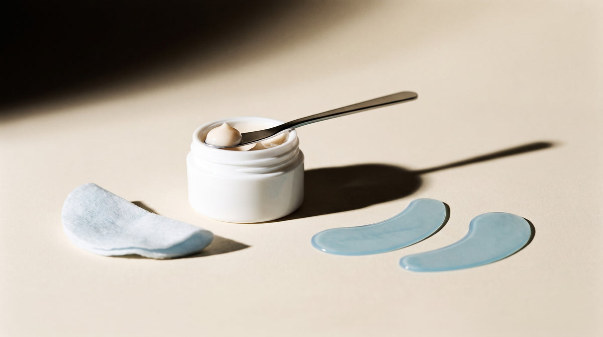 Dark circles under eyes care — minimalist eye cream jar with hydrogel under-eye patches and a cotton pad on a neutral background