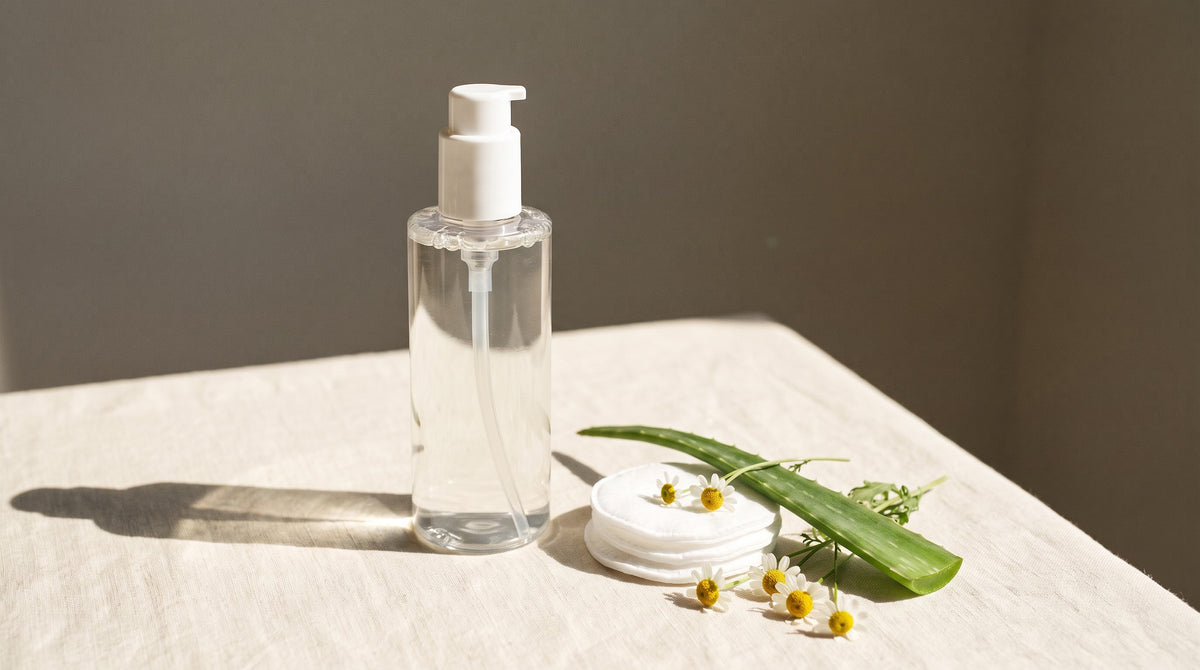 What is micellar water — glass bottle of no-rinse micellar cleansing water with cotton pads, aloe vera and chamomile