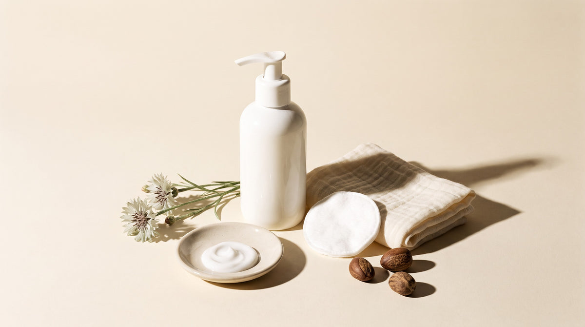 Cleansing milk in a white pump bottle with a swirl of milky cleanser, cotton pad and muslin cloth — gentle milk cleanser for dry skin