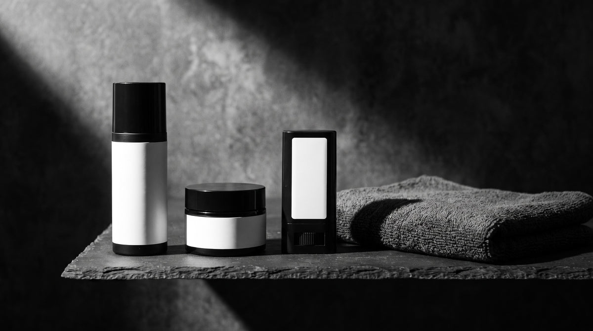 Simple skincare routine for men — cleanser, moisturiser and sunscreen on a shelf