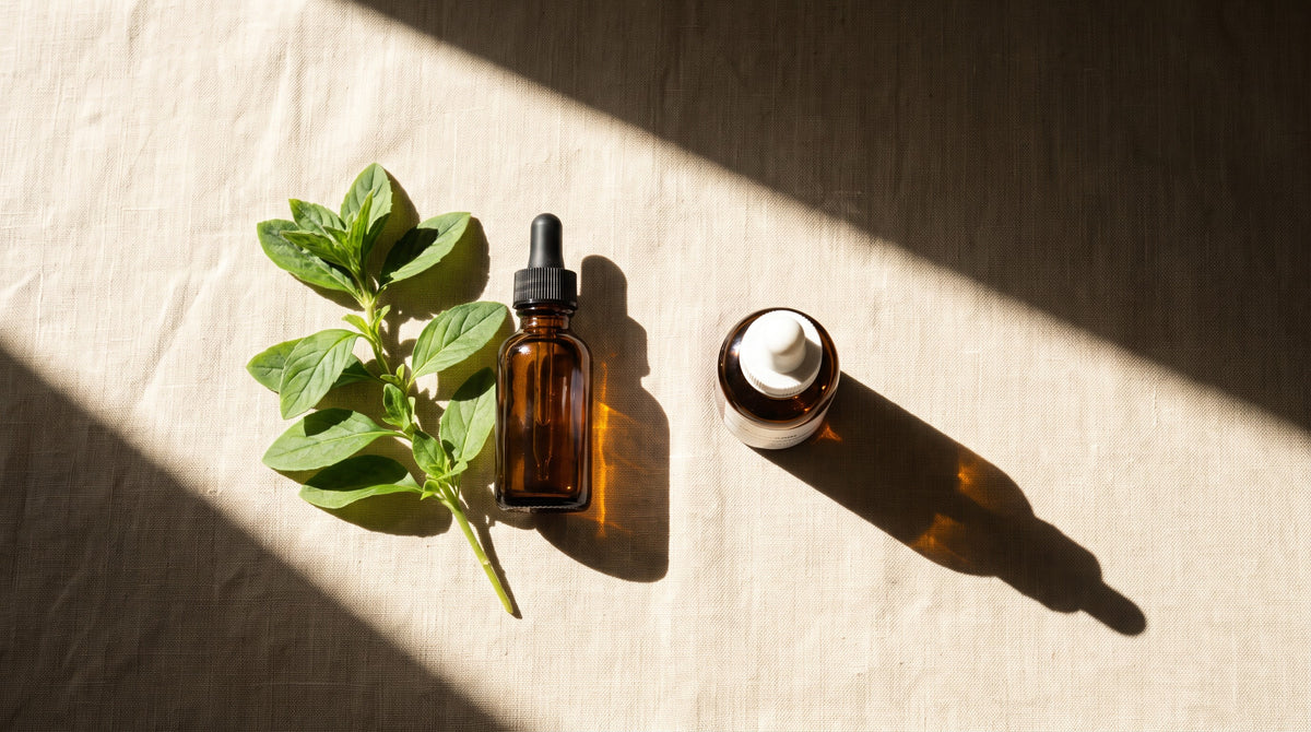 Bakuchiol serum next to retinol serum — natural retinol alternative comparison