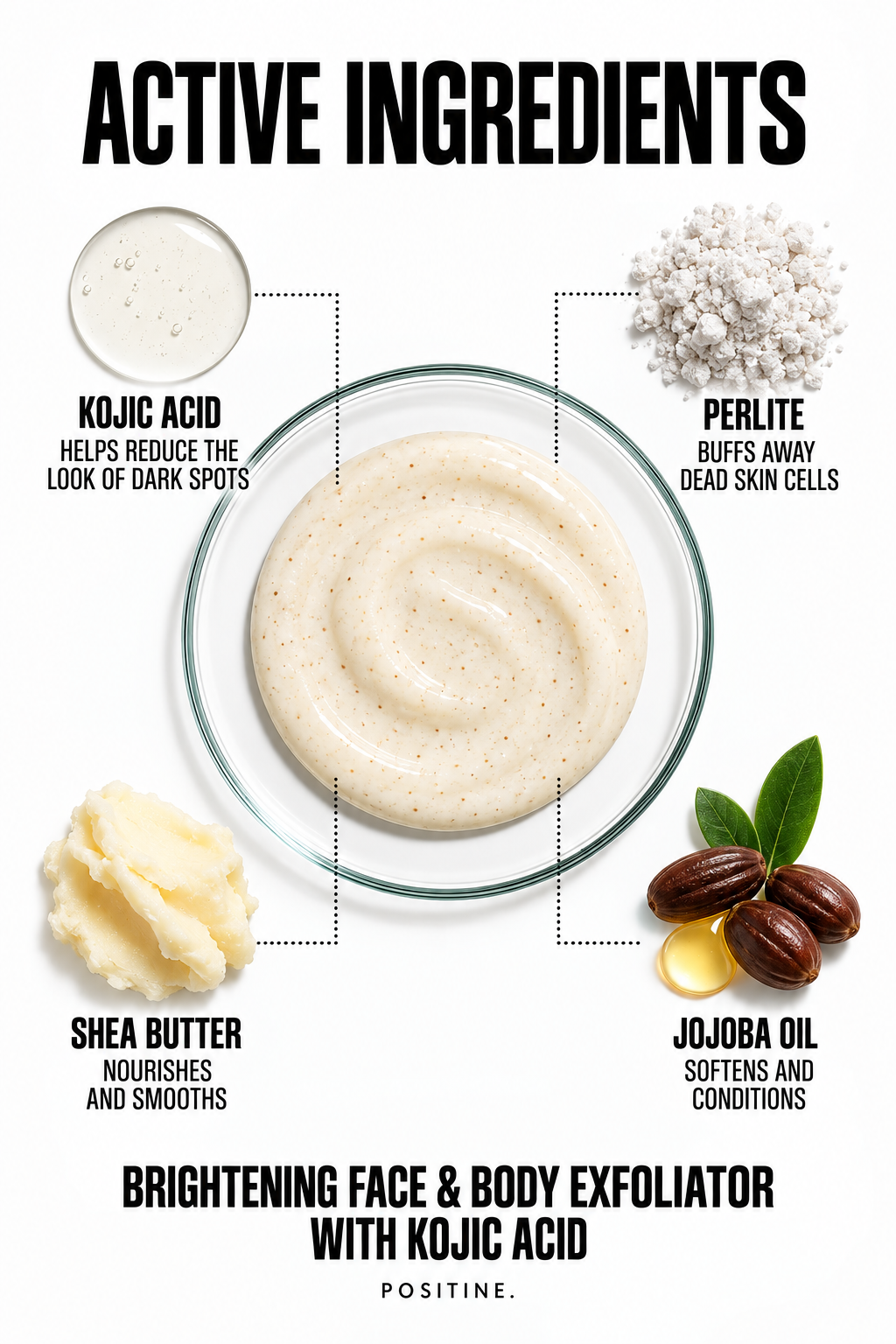 Active ingredients in Positine Brightening Face & Body Exfoliator with Kojic Acid: kojic acid, perlite, jojoba oil, shea butter.