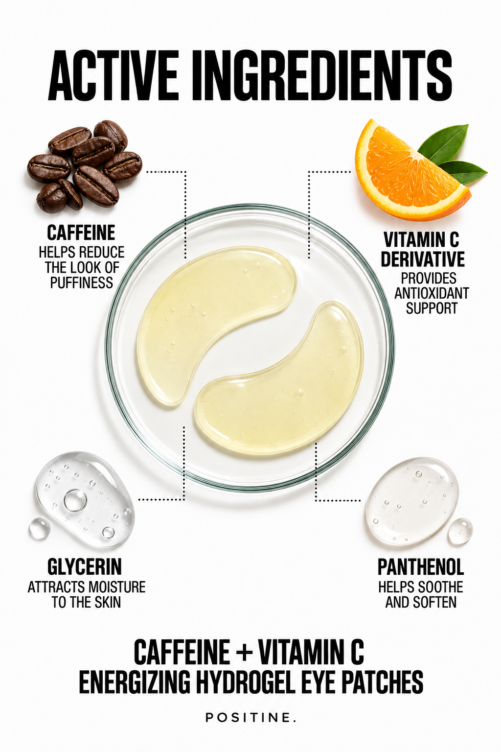Active ingredients in Positine Caffeine + Vitamin C Energizing Hydrogel Eye Patches: caffeine, vitamin c derivative, panthenol, glycerin.