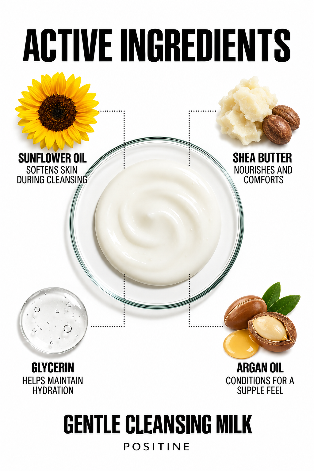 Active ingredients in Positine Gentle Cleansing Milk: sunflower oil, shea butter, glycerin and argan oil.