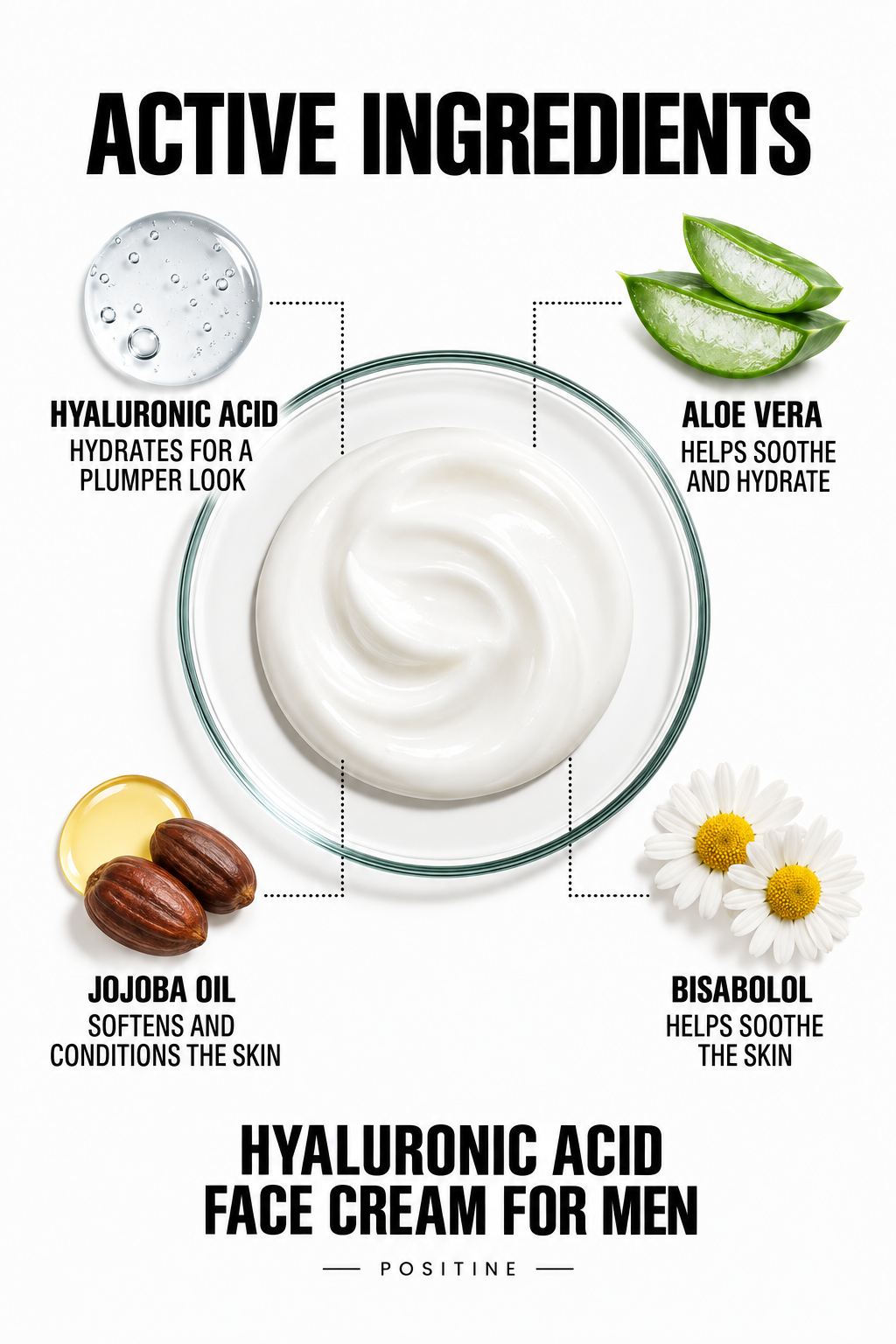 Active ingredients in Positine Hyaluronic Acid Face Cream for Men: hyaluronic acid, aloe vera, jojoba oil, bisabolol.