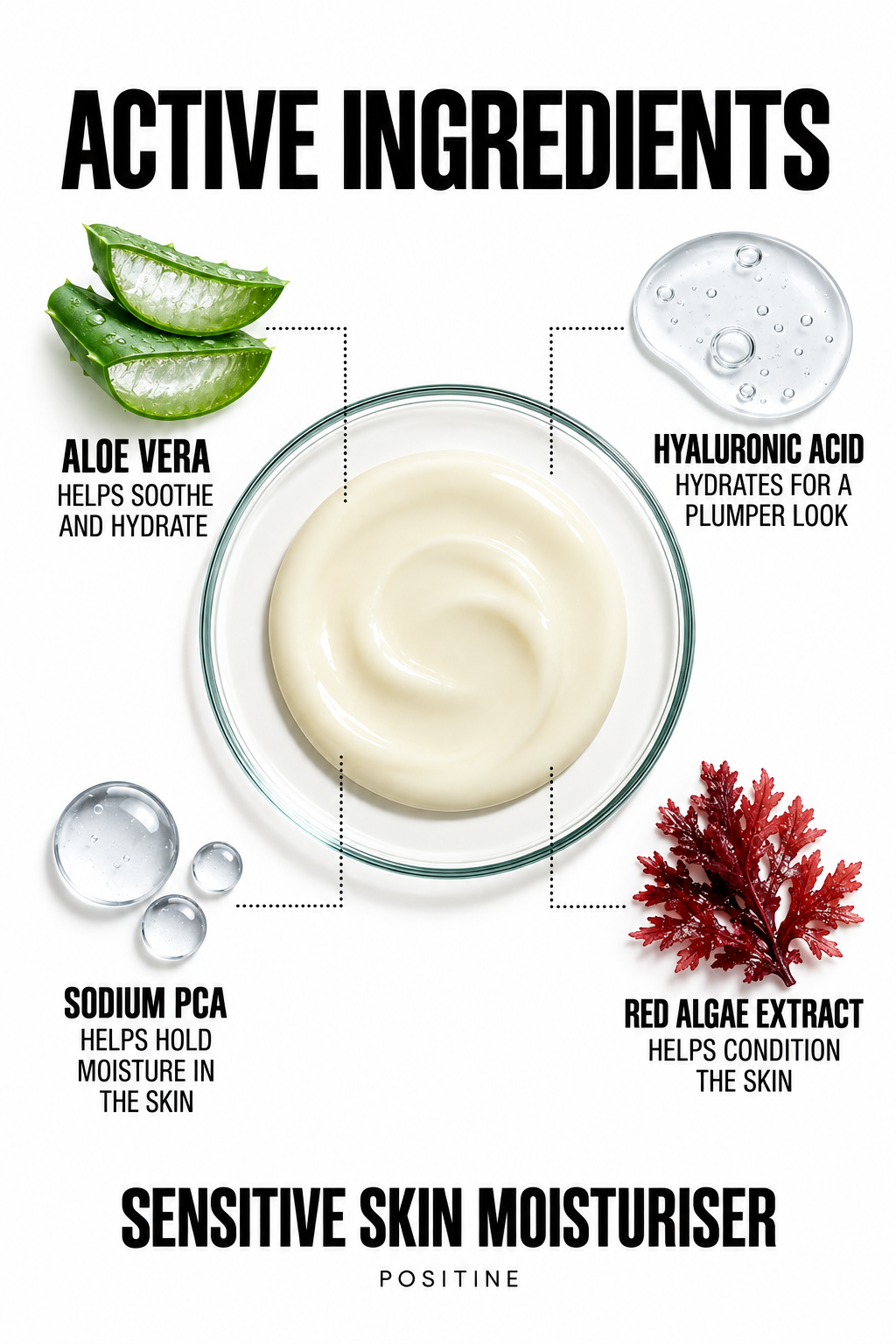 Active ingredients in Positine Sensitive Skin Moisturiser: aloe vera, hyaluronic acid, sodium pca, red algae extract.