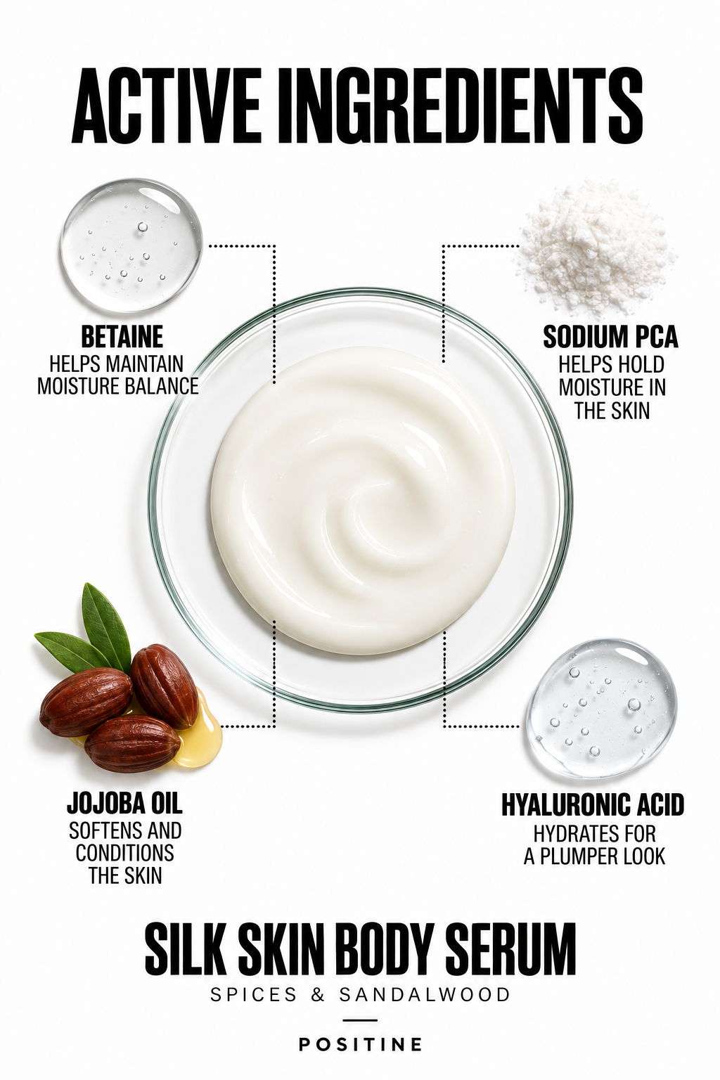 Active ingredients in Positine Silk Skin Body Serum, Spices & Sandalwood: betaine, sodium pca, jojoba oil, hyaluronic acid.