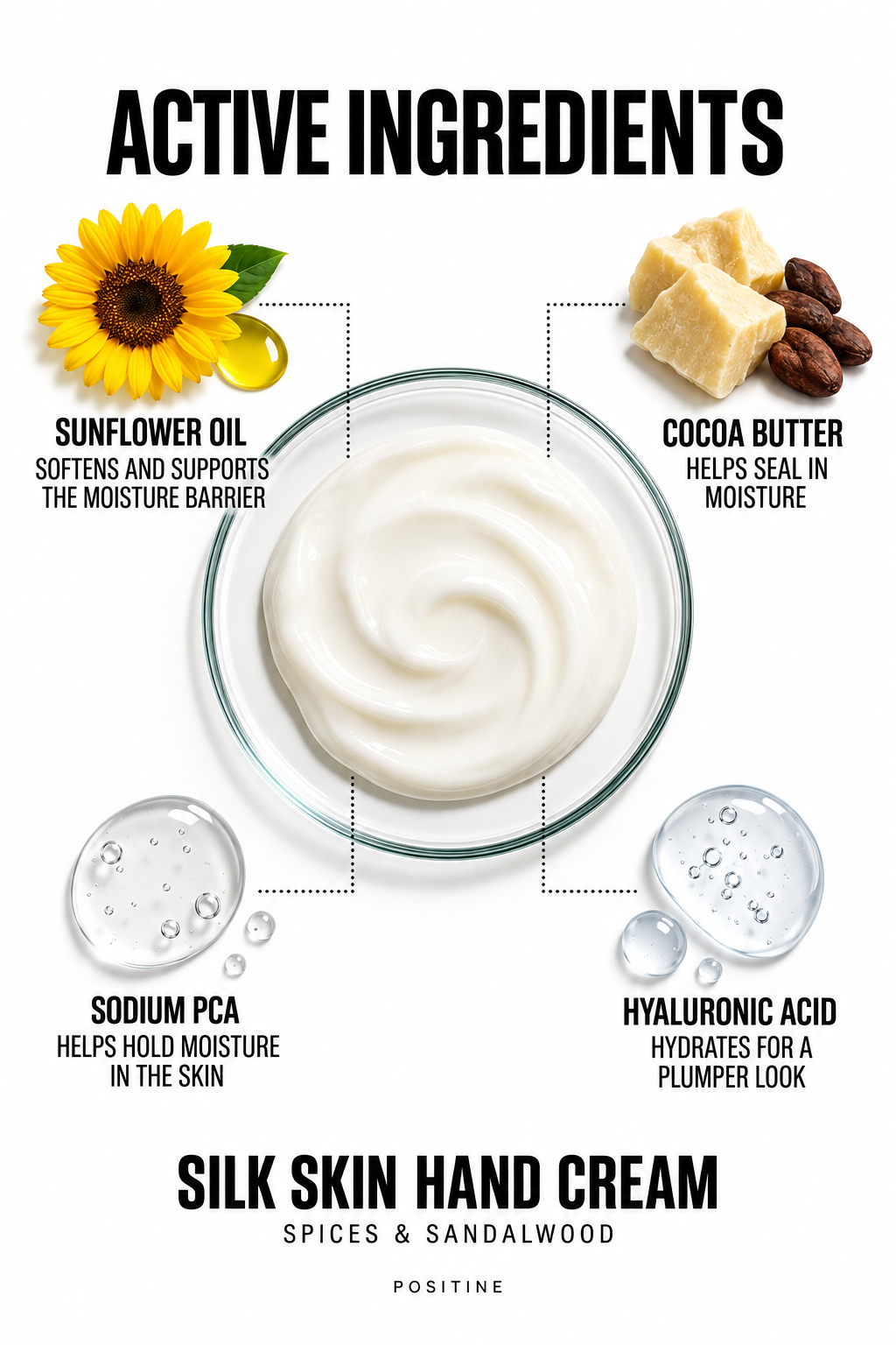 Active ingredients in Positine Silk Skin Hand Cream, Spices & Sandalwood: sunflower oil, cocoa butter, sodium pca, hyaluronic acid.