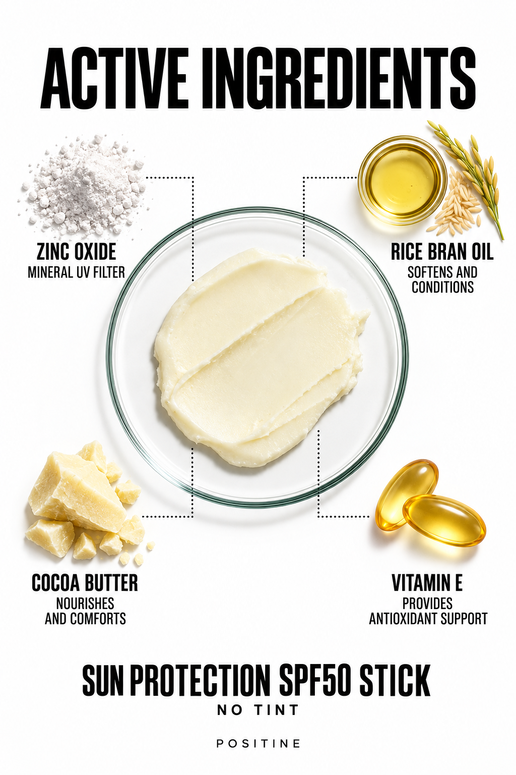 Active ingredients in Positine Sun Protection SPF50 Stick, no tint: zinc oxide, rice bran oil, cocoa butter, vitamin e.