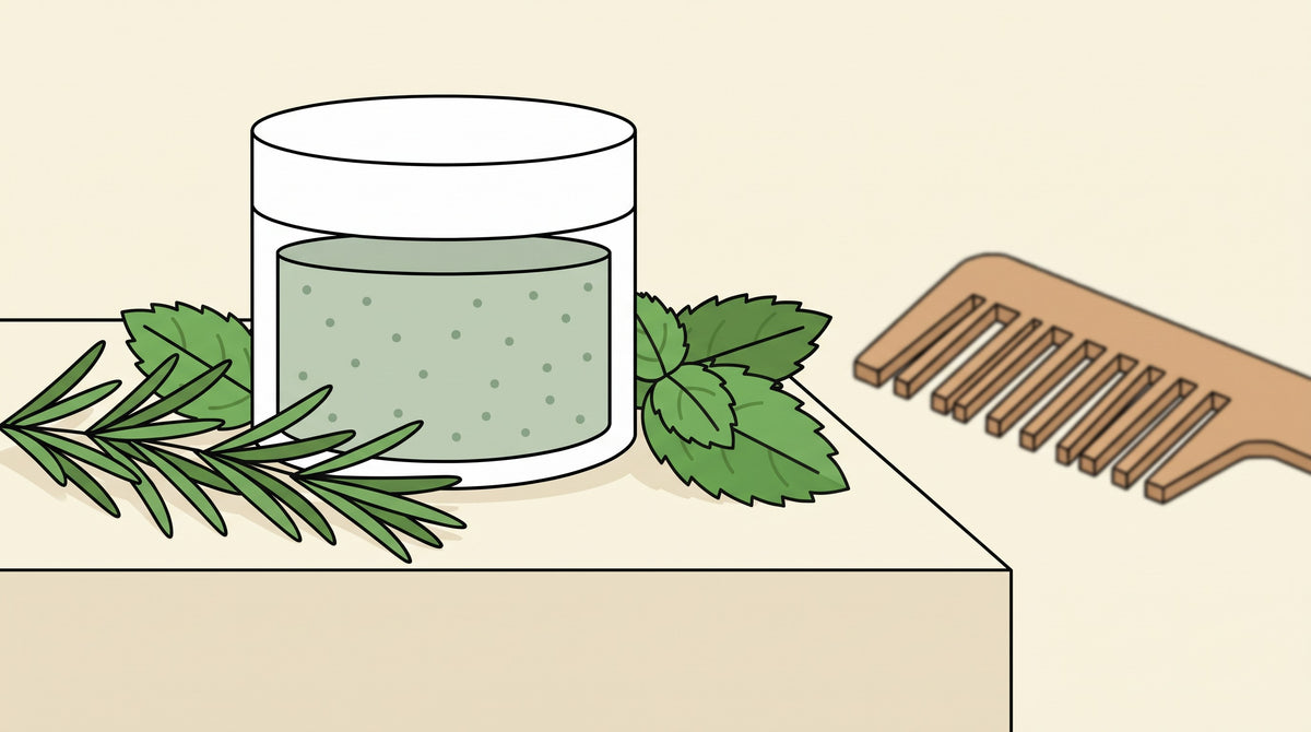 Rosemary and mint scalp scrub in an open jar with fresh rosemary and mint — exfoliating scalp scrub for product buildup