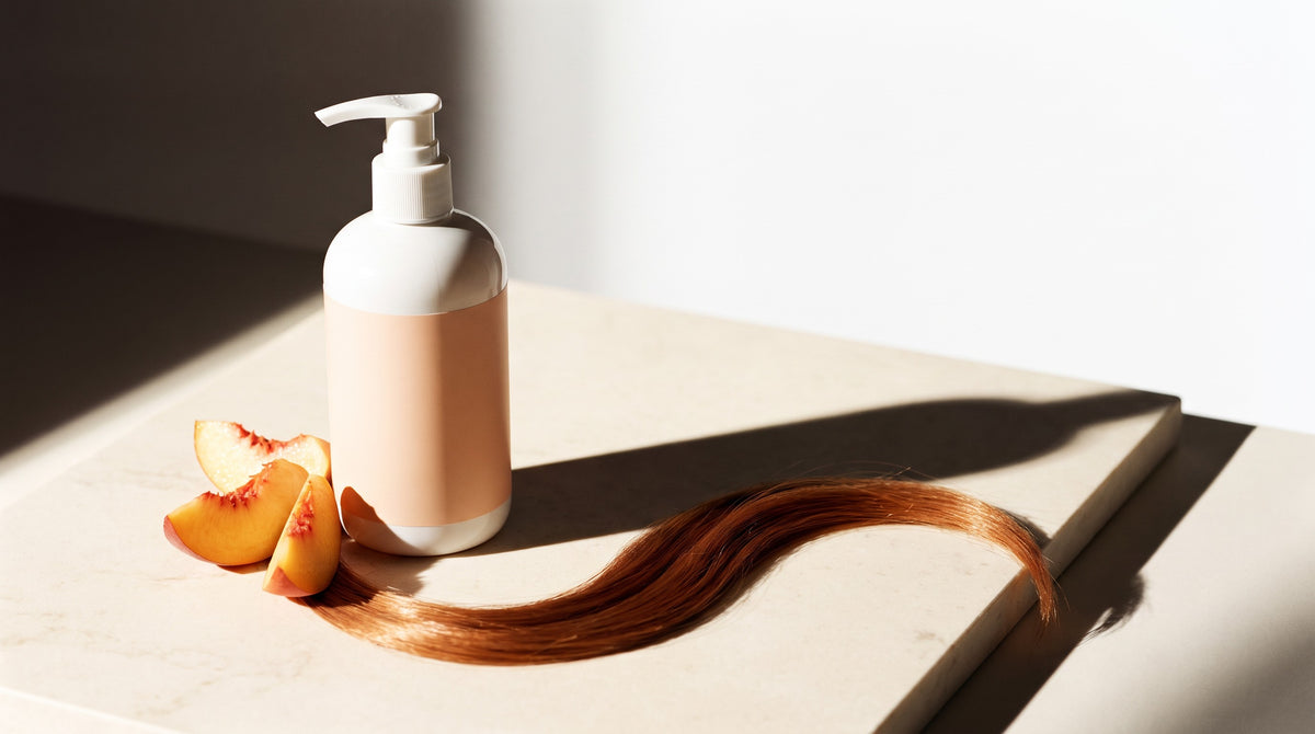 Colour care shampoo bottle with fresh peach slices and a strand of auburn colour-treated hair on a cream surface