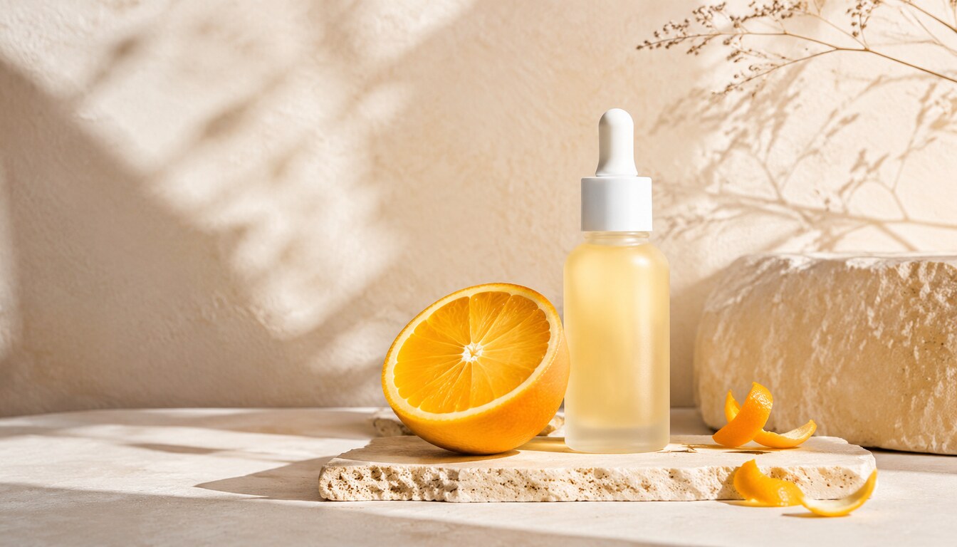 Vitamin C serum with fresh orange on a warm ivory background