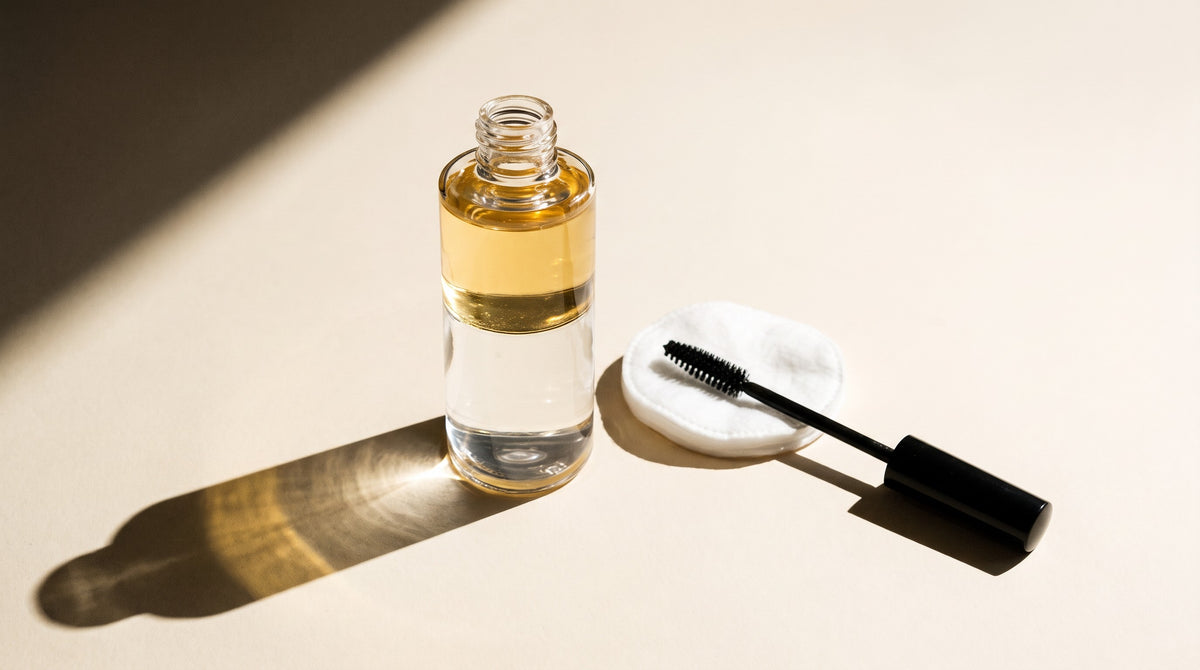 Biphasic waterproof eye makeup remover with separated oil and water layers beside a cotton pad and mascara wand