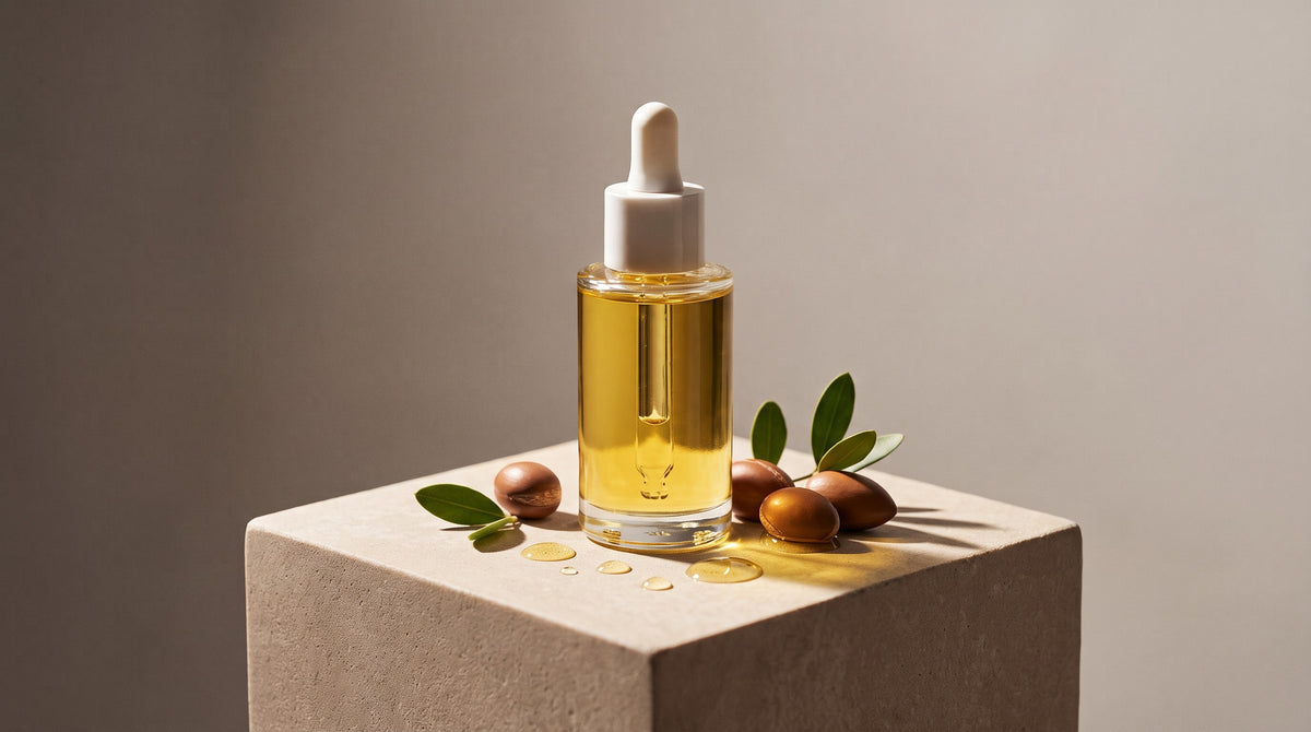 Face oil for dry skin: a glass dropper bottle of golden argan and jojoba facial oil with botanicals