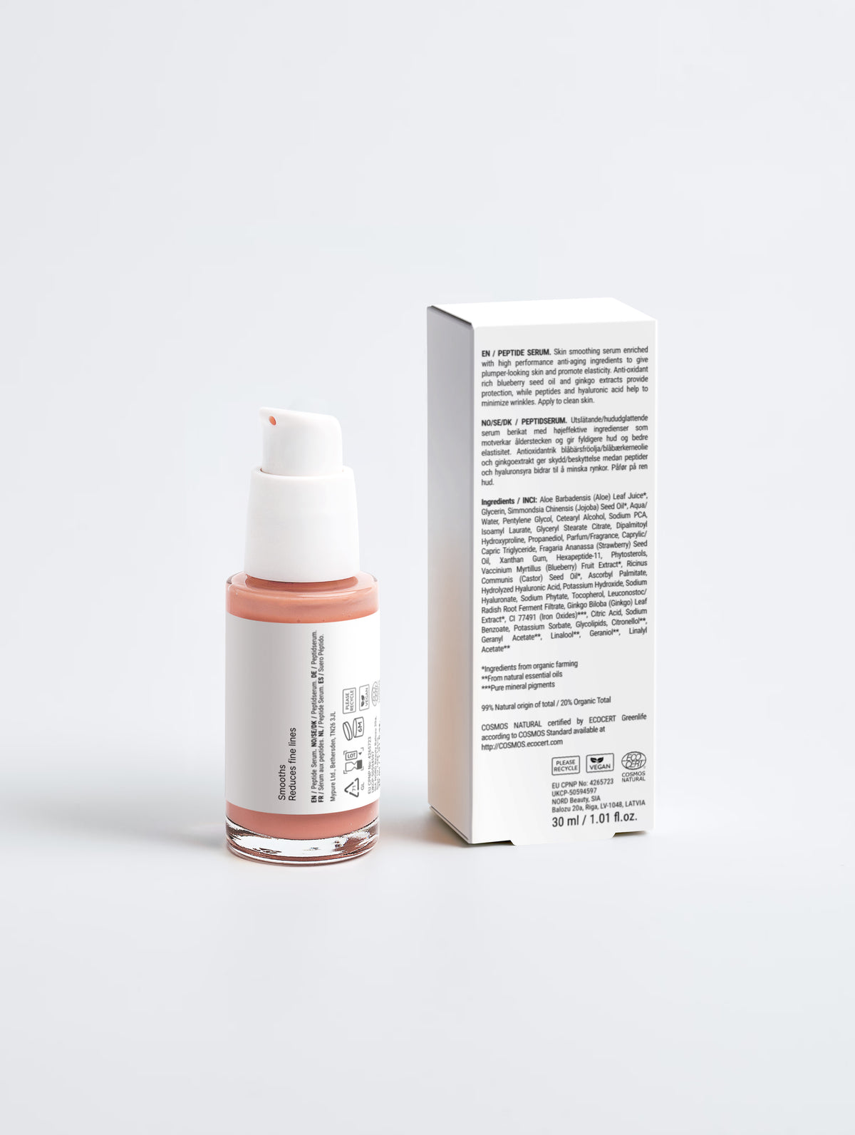 Complejo de péptidos SkinLift — frasco y caja mostrando las etiquetas posteriores