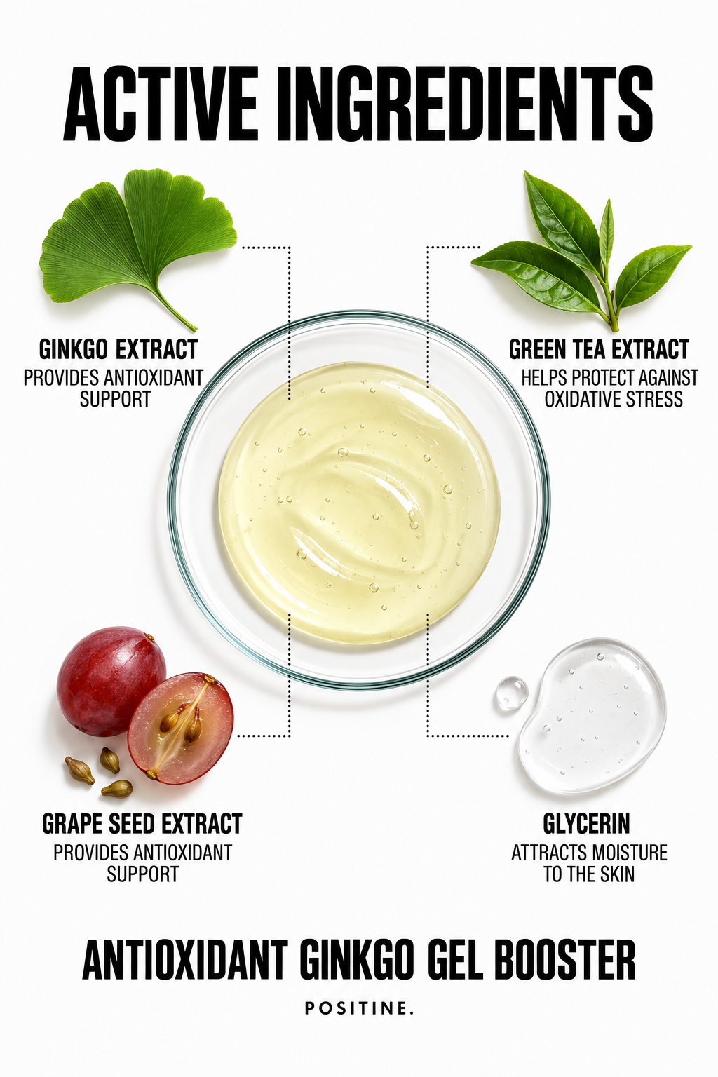 Active ingredients in Positine Antioxidant Ginkgo Gel Booster: ginkgo extract, green tea extract, grape seed extract, glycerin.