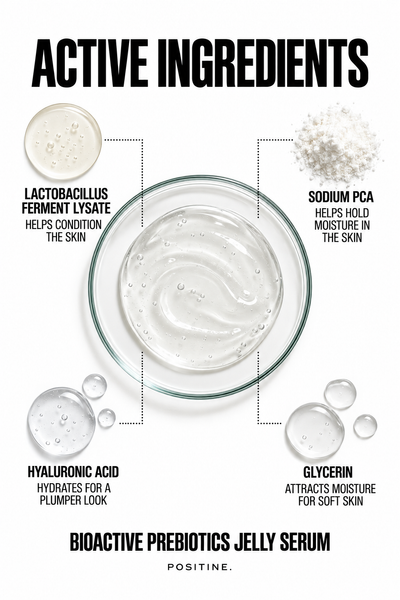 Active ingredients in Positine Bioactive Prebiotics Jelly Serum: lactobacillus ferment lysate, sodium pca, hyaluronic acid, glycerin.
