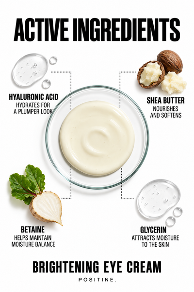 Active ingredients in Positine Brightening Eye Cream: hyaluronic acid, shea butter, betaine, glycerin.
