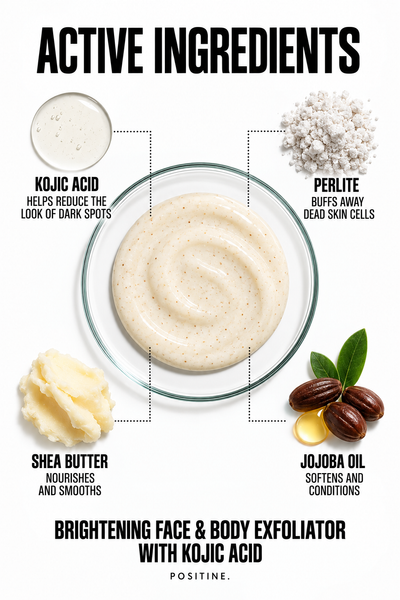 Active ingredients in Positine Brightening Face & Body Exfoliator with Kojic Acid: kojic acid, perlite, jojoba oil, shea butter.