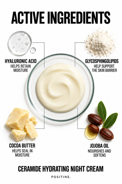 Active ingredients in Positine Ceramide Hydrating Night Cream: glycosphingolipids, cocoa butter, jojoba oil, hyaluronic acid.