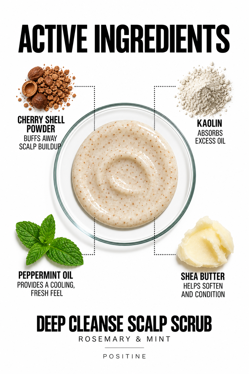 Active ingredients in Positine Deep Cleanse Scalp Scrub, Rosemary & Mint: cherry shell powder, kaolin, peppermint oil, shea butter.