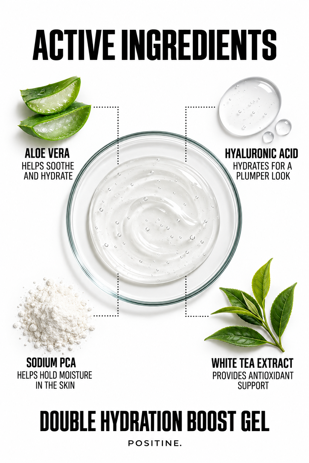 Active ingredients in Positine Double Hydration Boost Gel: aloe vera, hyaluronic acid, sodium pca, white tea extract.