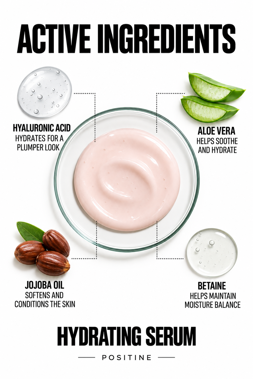 Active ingredients in Positine Hydrating Serum: hyaluronic acid, aloe vera, jojoba oil, betaine.