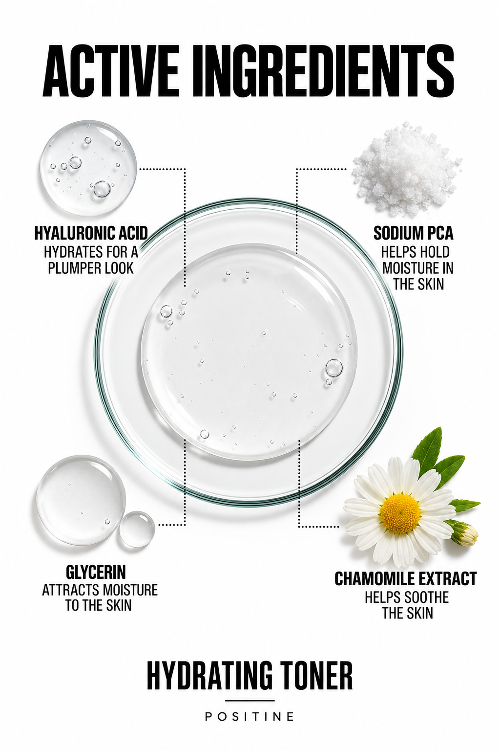 Active ingredients in Positine Hydrating Toner: hyaluronic acid, sodium pca, glycerin, chamomile extract.