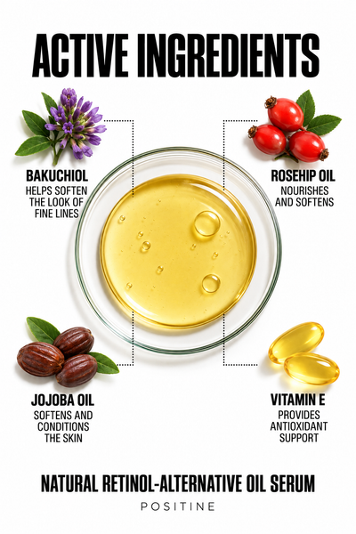 Active ingredients in Positine Natural Retinol-Alternative Oil Serum: bakuchiol, rosehip oil, jojoba oil, vitamin e.