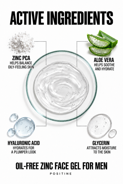 Active ingredients in Positine Oil-Free Zinc Face Gel for Men: zinc pca, aloe vera, hyaluronic acid, glycerin.