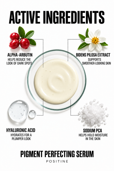 Active ingredients in Positine Pigment Perfecting Serum: alpha-arbutin, bidens pilosa extract, hyaluronic acid, sodium pca.