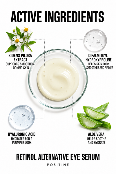Active ingredients in Positine Retinol Alternative Eye Serum: bidens pilosa extract, dipalmitoyl hydroxyproline, hyaluronic acid, aloe vera.