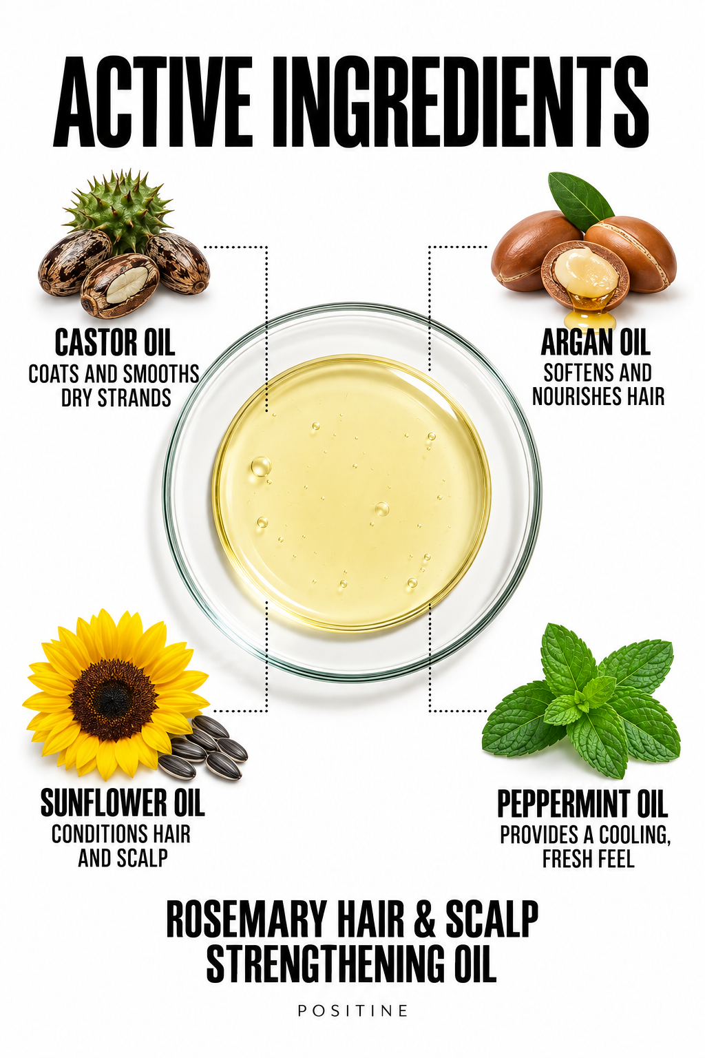 Active ingredients in Positine Rosemary Hair & Scalp Strengthening Oil: castor oil, argan oil, sunflower oil, peppermint oil.