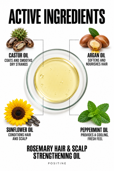 Active ingredients in Positine Rosemary Hair & Scalp Strengthening Oil: castor oil, argan oil, sunflower oil, peppermint oil.