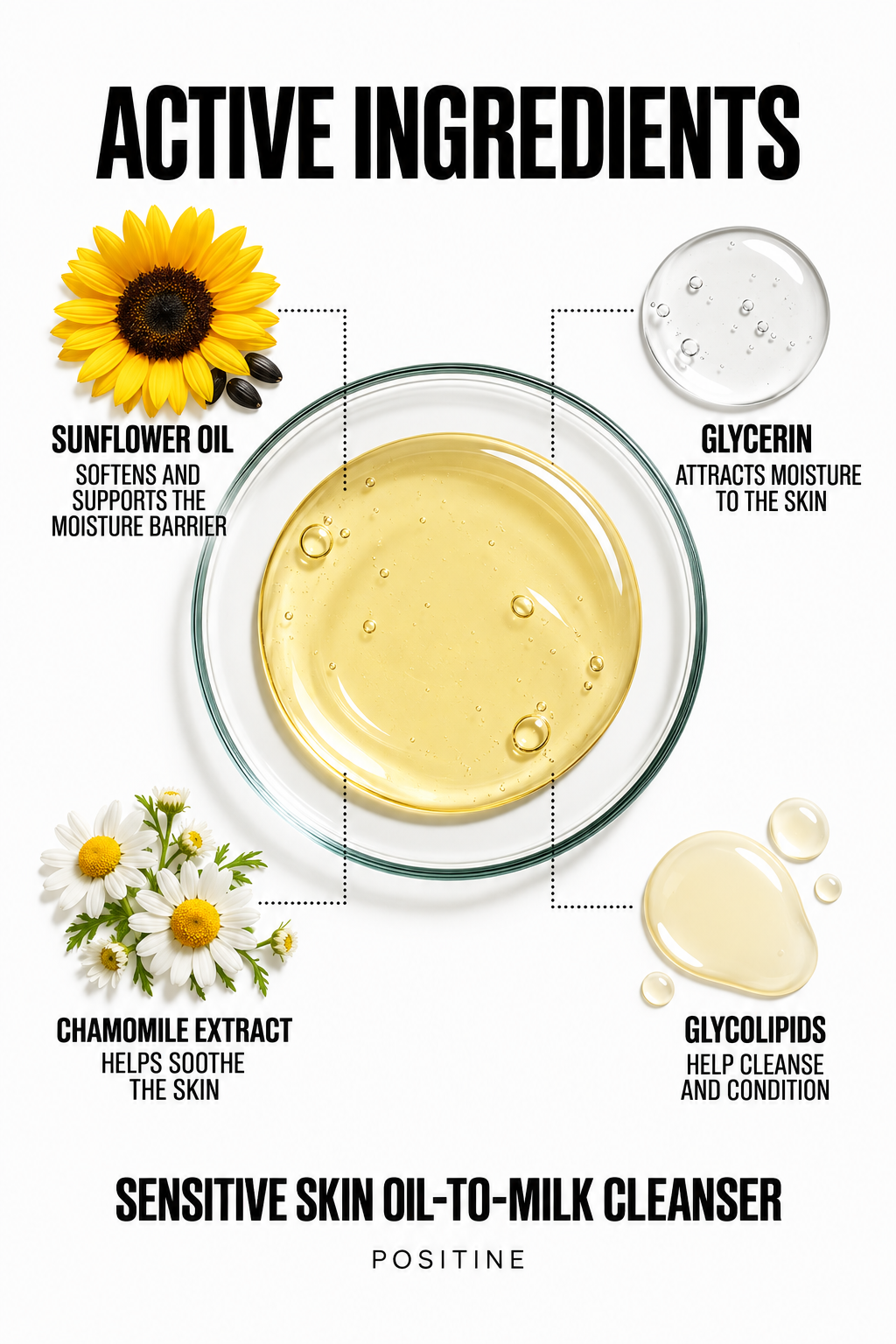 Active ingredients in Positine Sensitive Skin Oil-To-Milk Cleanser: sunflower oil, glycerin, glycolipids, chamomile extract.