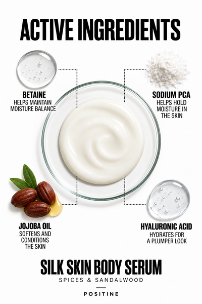 Active ingredients in Positine Silk Skin Body Serum, Spices & Sandalwood: betaine, sodium pca, jojoba oil, hyaluronic acid.