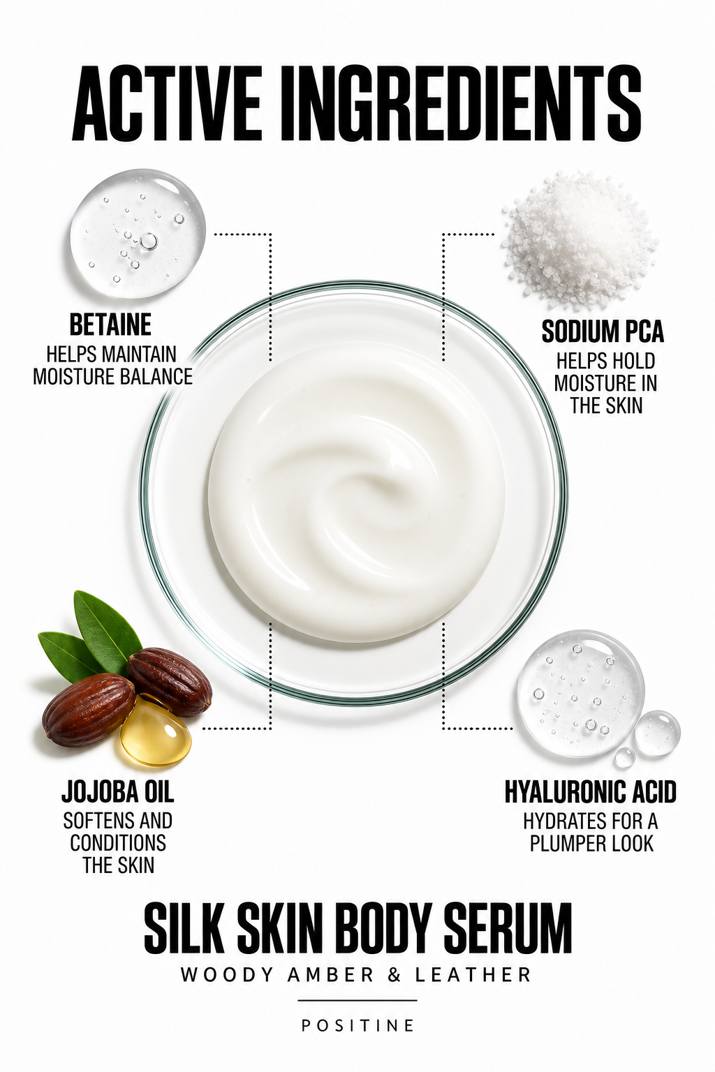 Active ingredients in Positine Silk Skin Body Serum, Woody Amber & Leather: betaine, sodium pca, jojoba oil, hyaluronic acid.