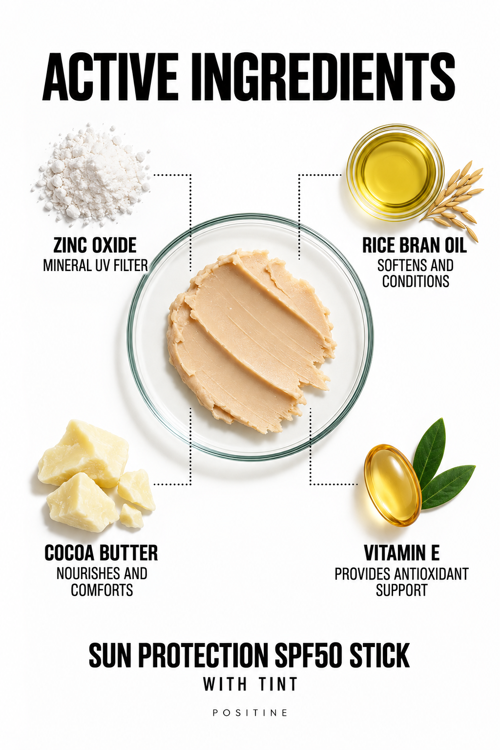 Active ingredients in Positine Sun Protection SPF50 Stick, with tint: zinc oxide, rice bran oil, cocoa butter, vitamin e.