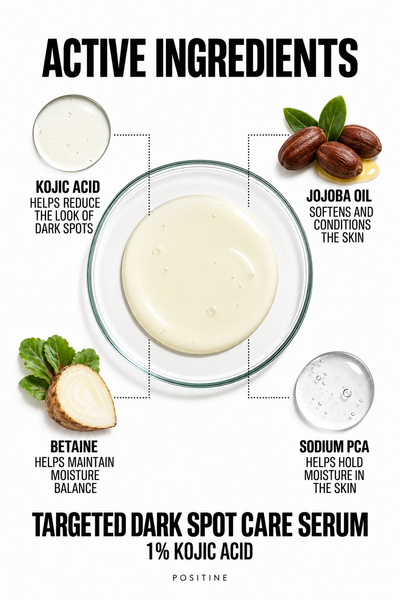 Active ingredients in Positine Targeted Dark Spot Care Serum — 1% Kojic Acid: kojic acid, jojoba oil, betaine, sodium pca.